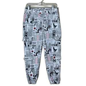 VIP Allover Newspaper Print Cotton Jogger 13/31 Y2K Cargo Elastic Black White